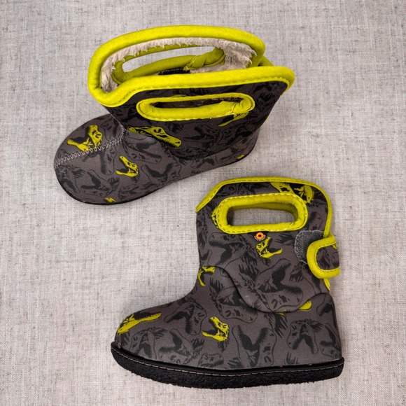 Bogs Baby Dinosaur Gray Neon Green Waterproof Winter Boots Insulated Rain Boot 7 - Picture 1 of 11